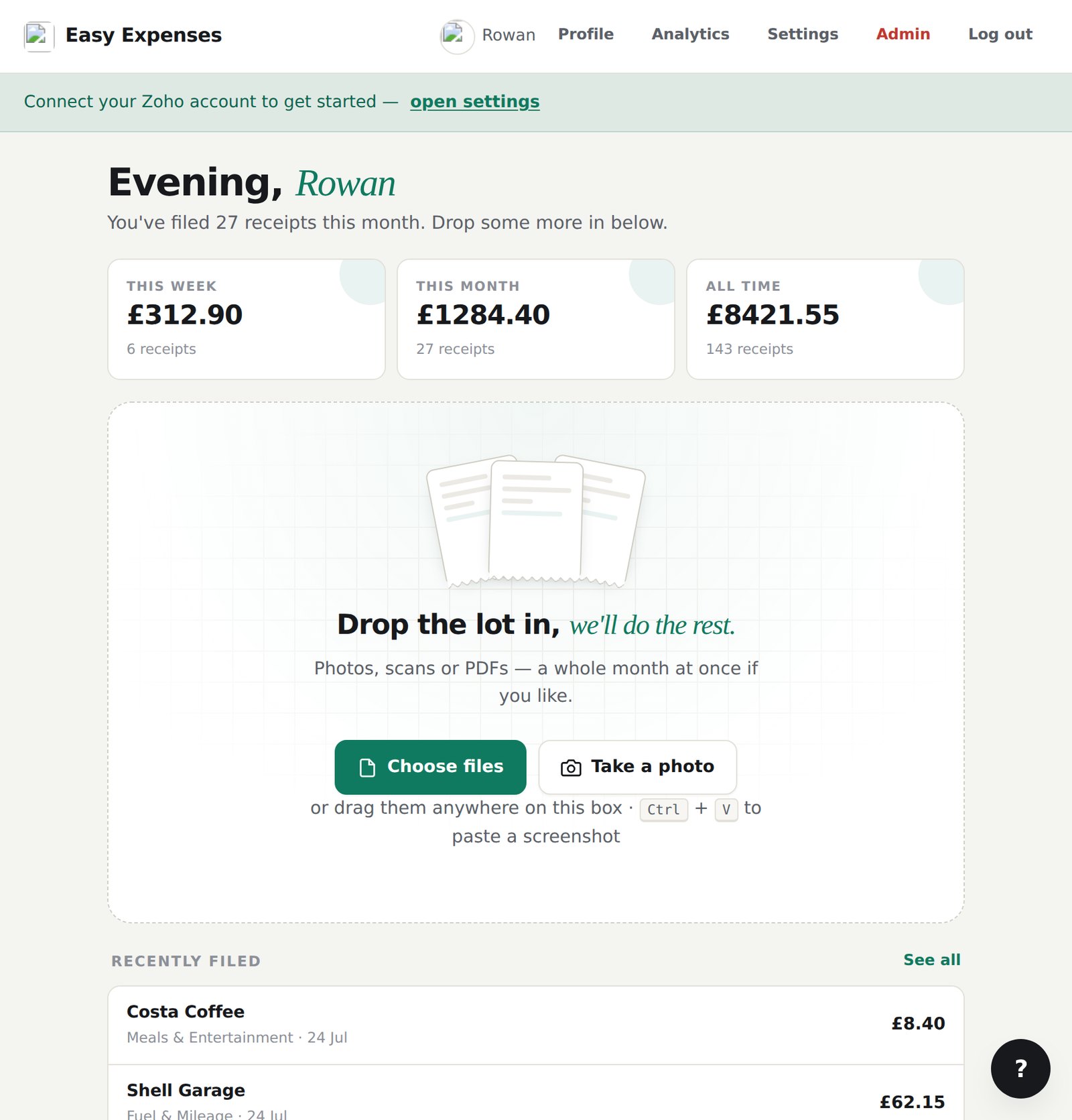 The Easy Expenses dashboard, showing live spending figures and a receipt drop area